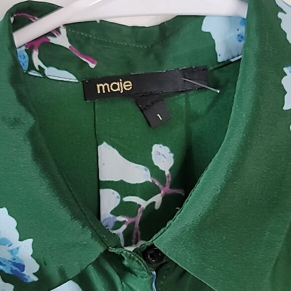 Maje Green Silk Blend Black Lace Floral Printed Top - Picture 3 of 9